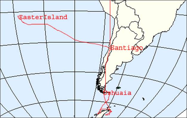 Our Trip Map: We fly from JFK, New York to Santiago, Chile to Ushuaia, Argentina to Antarctica to Easter Island